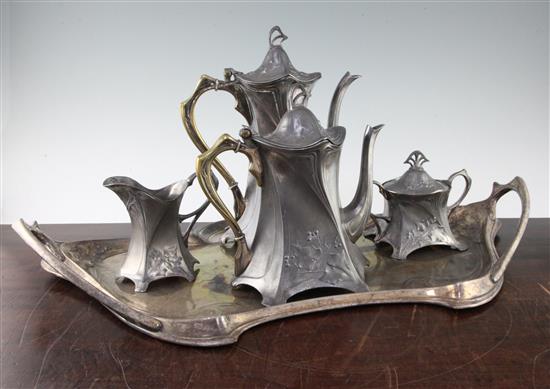 A WMF Art Nouveau silver plated five piece tea set, tray 25in.